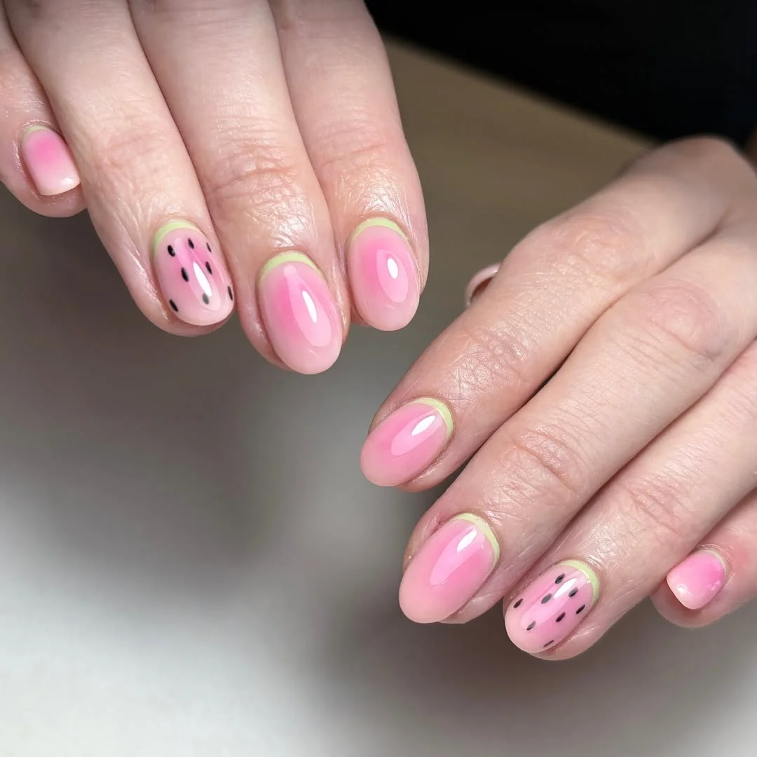 chic summer nails watermelon 2026 Short Watermelon Nails With Minimal Pink Gloss