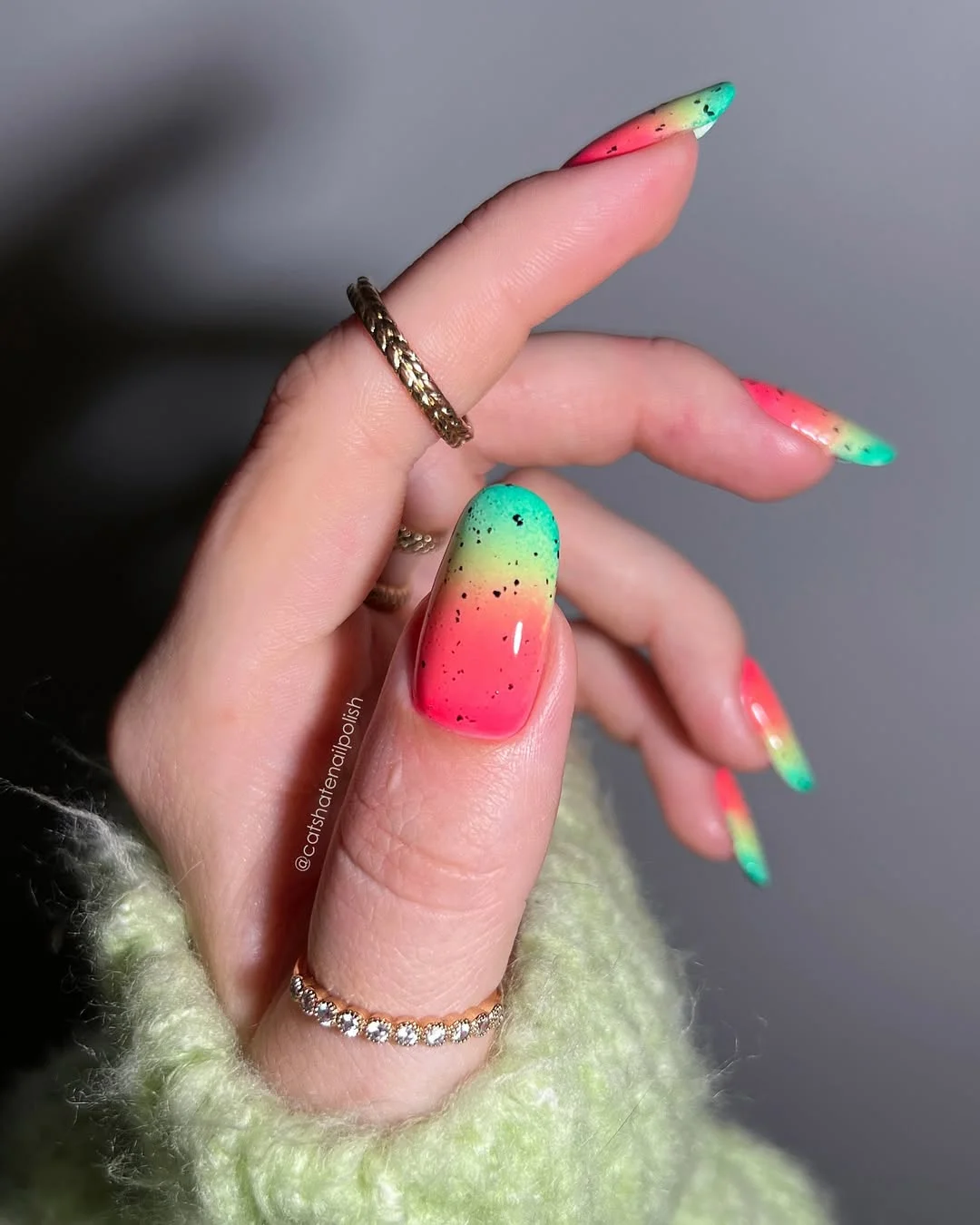 chic summer nails watermelon 2026 Bright Ombre Watermelon Nails With Speckled Neon Finish