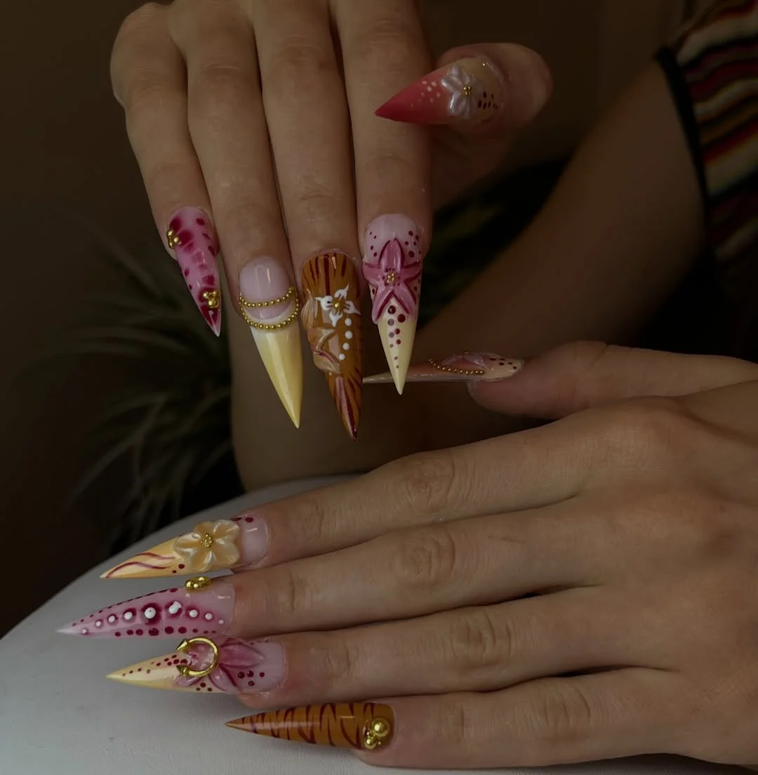chic summer stiletto nails 2026 Romantic Bloom Details With Statement Length