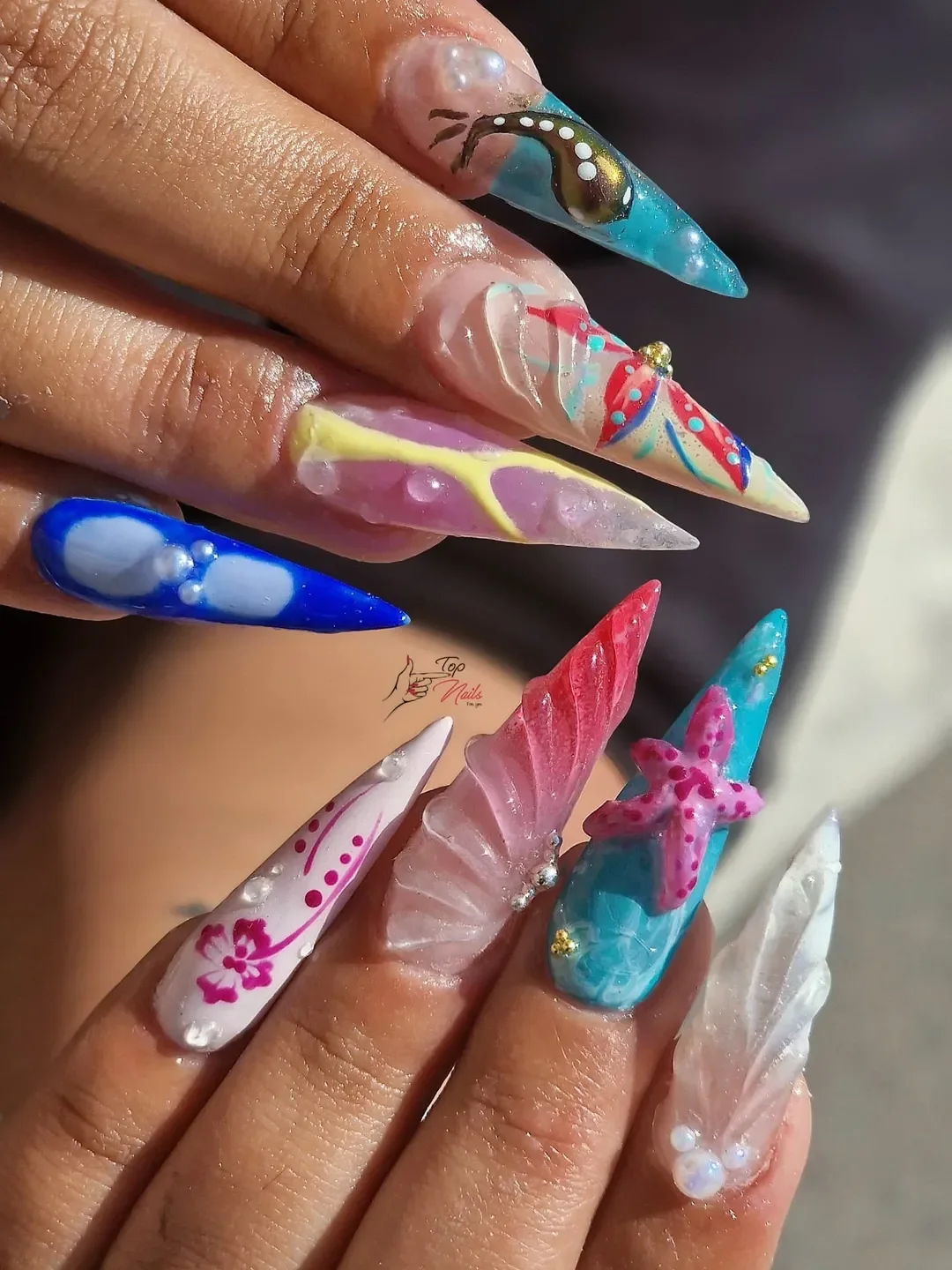chic summer stiletto nails 2026 Ocean Fantasy Mixed Art Nails