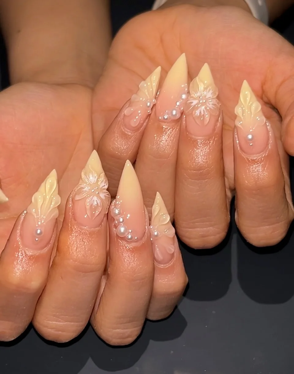 chic summer stiletto nails 2026 Pearl Bloom Stiletto Elegance