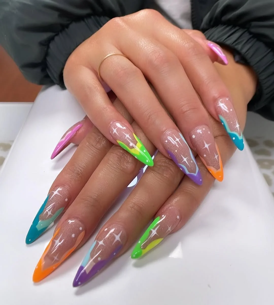 chic summer stiletto nails 2026 Neon Pop Star Stiletto Tips