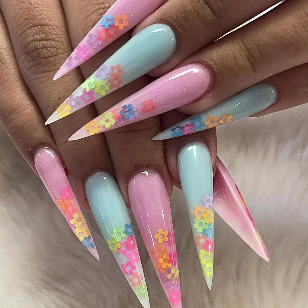 chic summer stiletto nails 2026 Pastel Flower Power Dreams