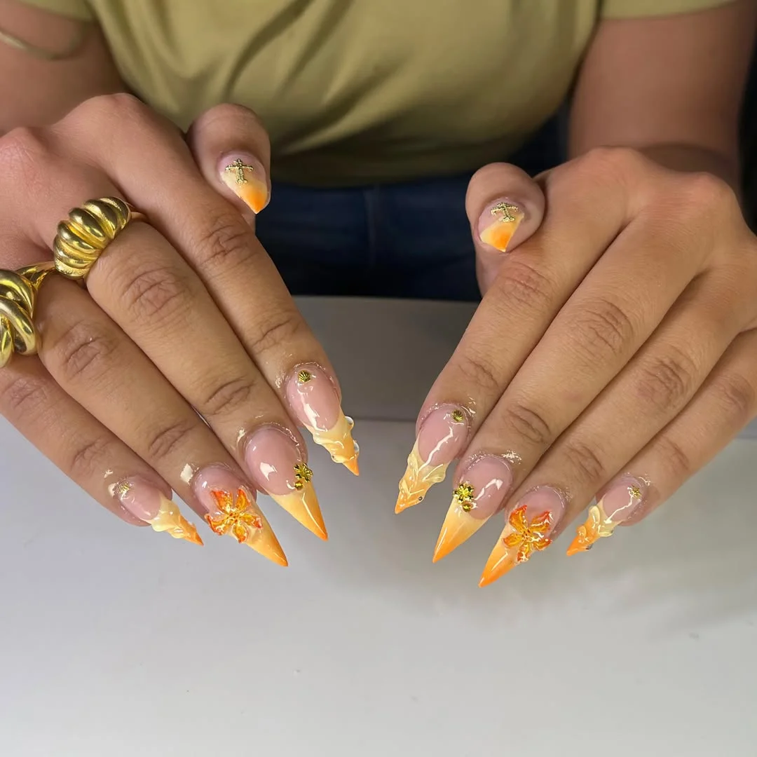 chic summer stiletto nails 2026 Golden Citrus Floral Stiletto Nails