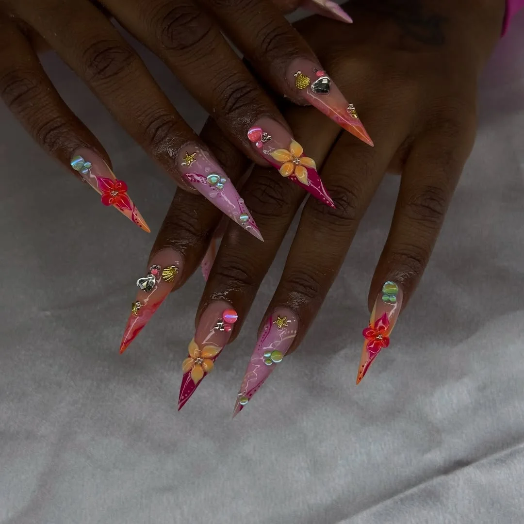 chic summer stiletto nails 2026 Tropical Charm With Playful Pink Accents