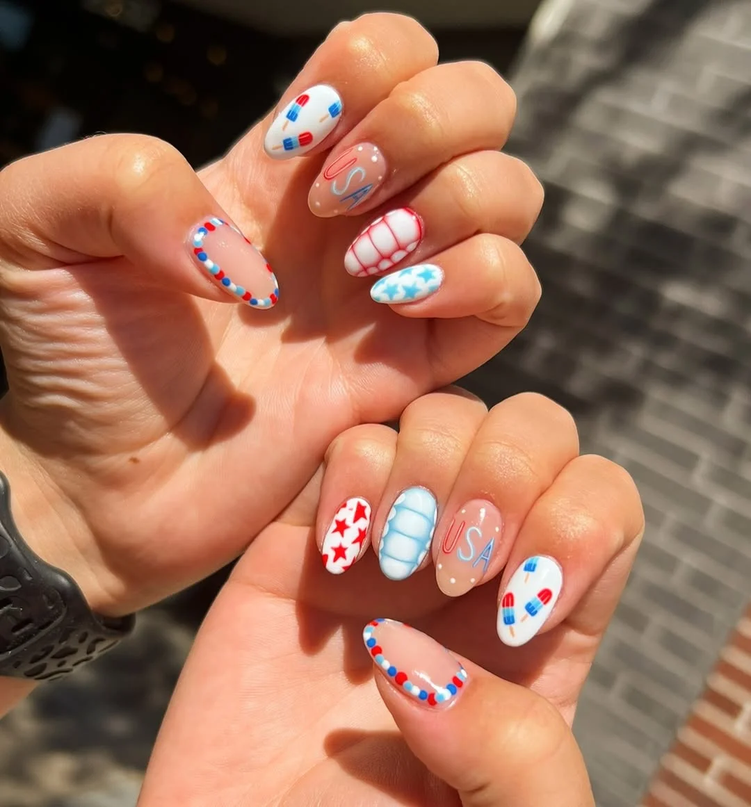 cool 4th of july nails 2026 Retro Americana With Popsicle Art