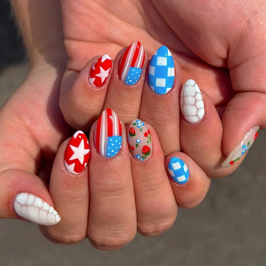 cool 4th of july nails 2026 Western Picnic Nails With Patchwork Details