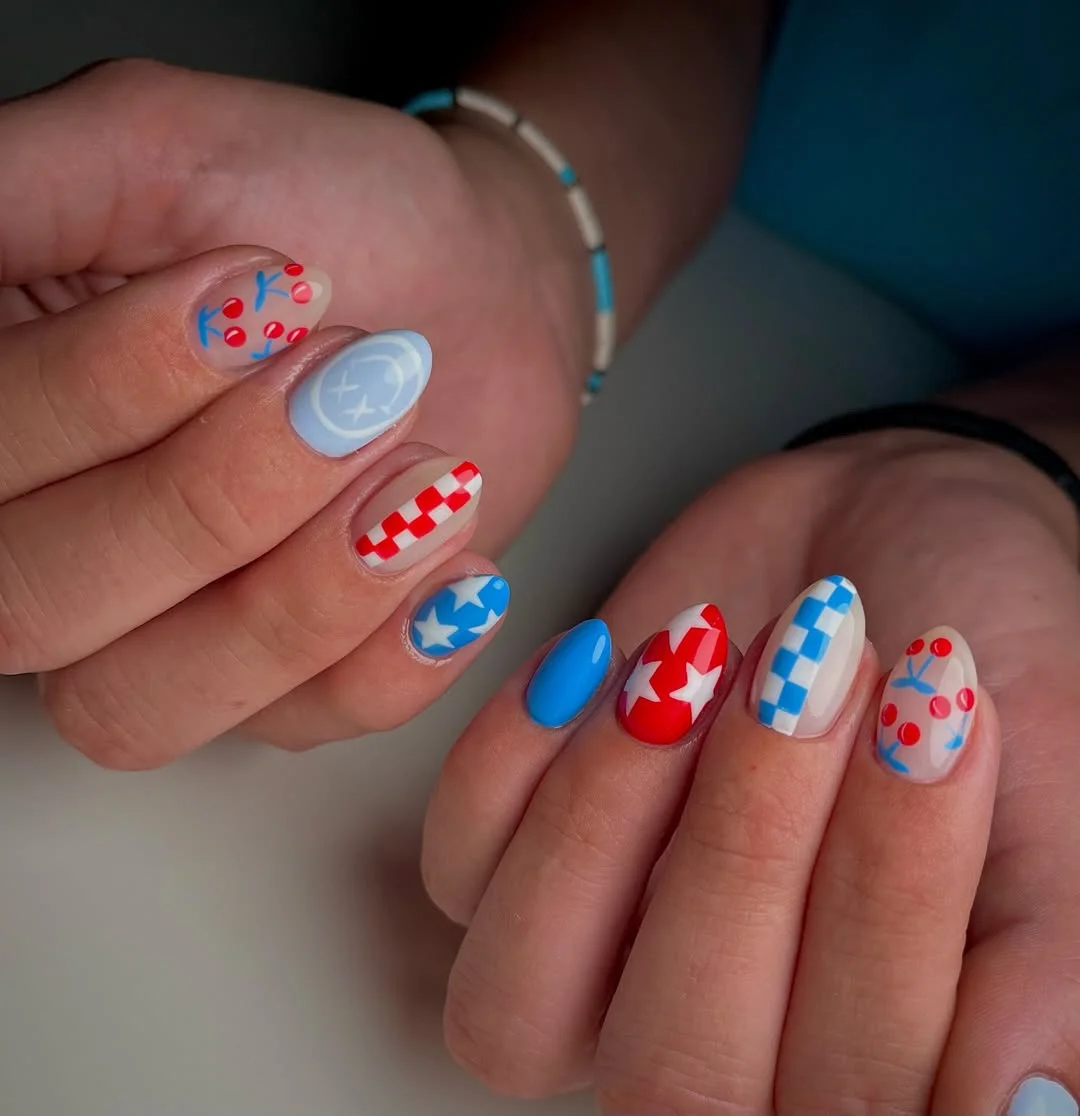 cool 4th of july nails 2026 Retro Checkerboard And Cherry Nail Art