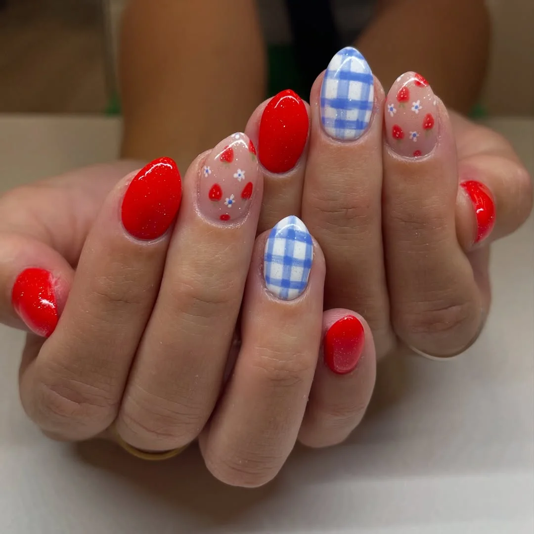 cool 4th of july nails 2026 Cute Picnic Inspired Nails With Soft Blue Gingham