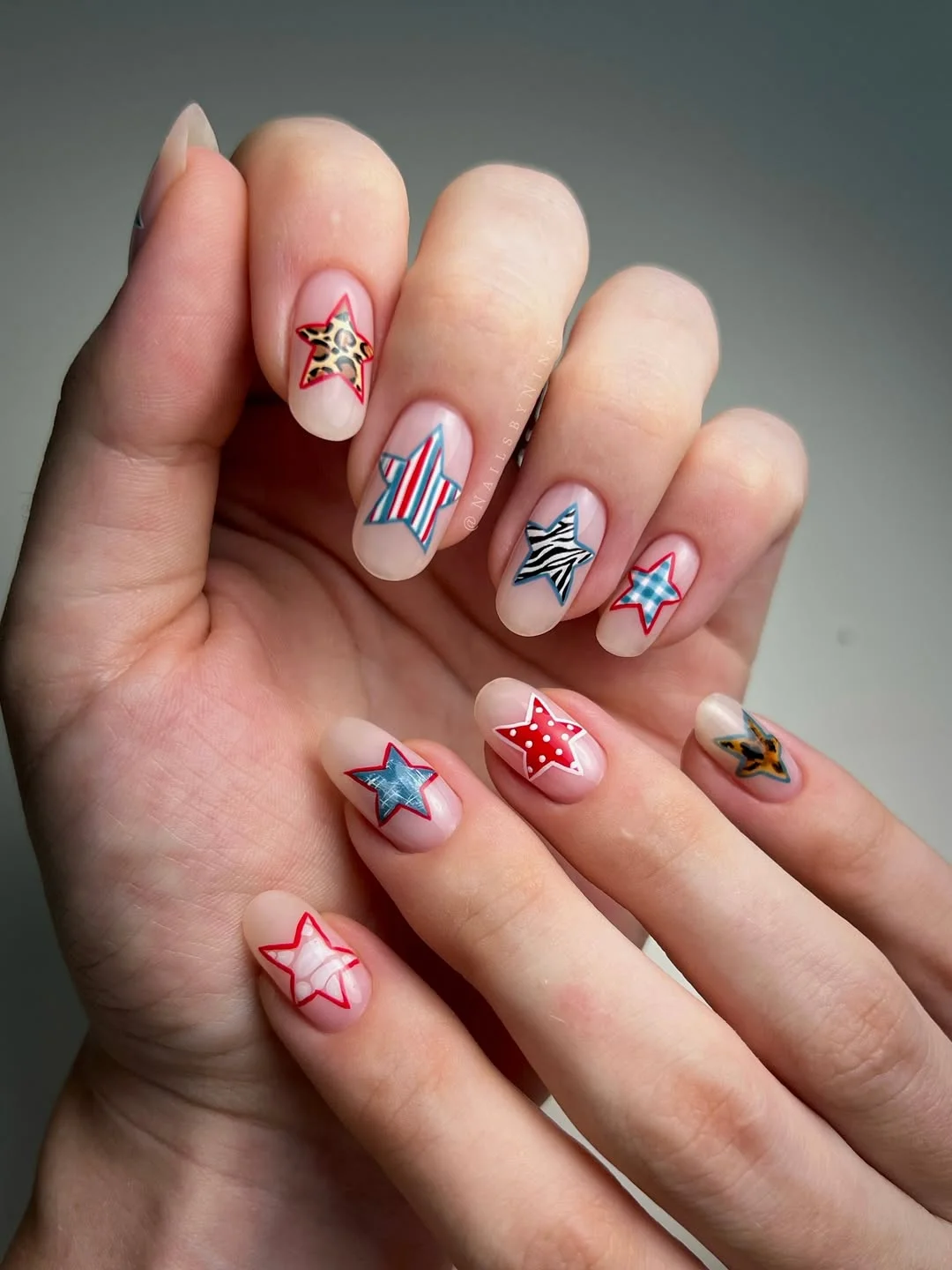 cool 4th of july nails 2026 Patchwork Star Nails With Mixed Americana Prints