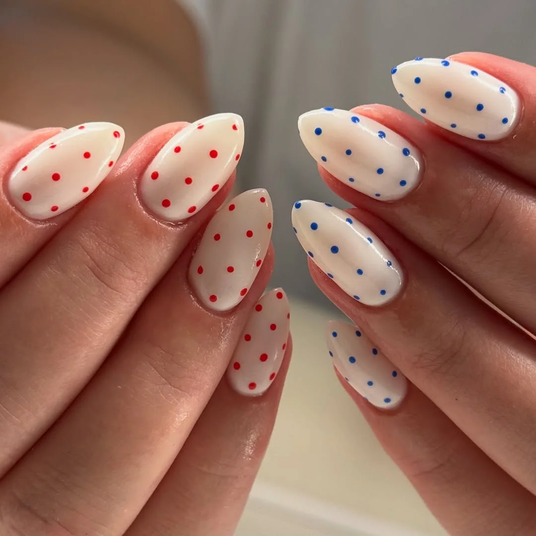 cool 4th of july nails 2026 Minimalist Polka Dot Nails In Red And Blue