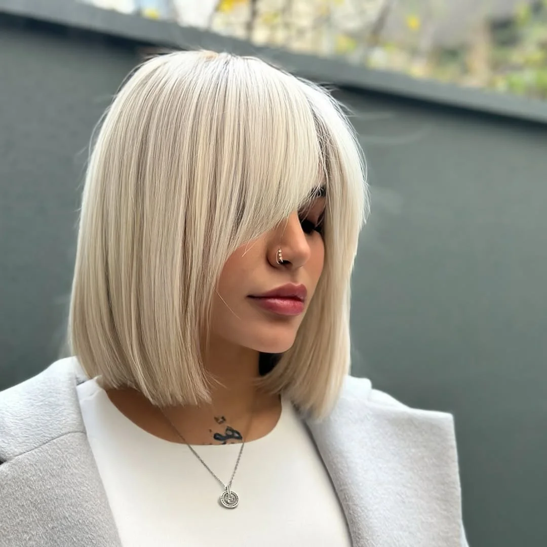 cool summer hair color for light skin 2026 Icy Precision Bob with Veiled Bangs