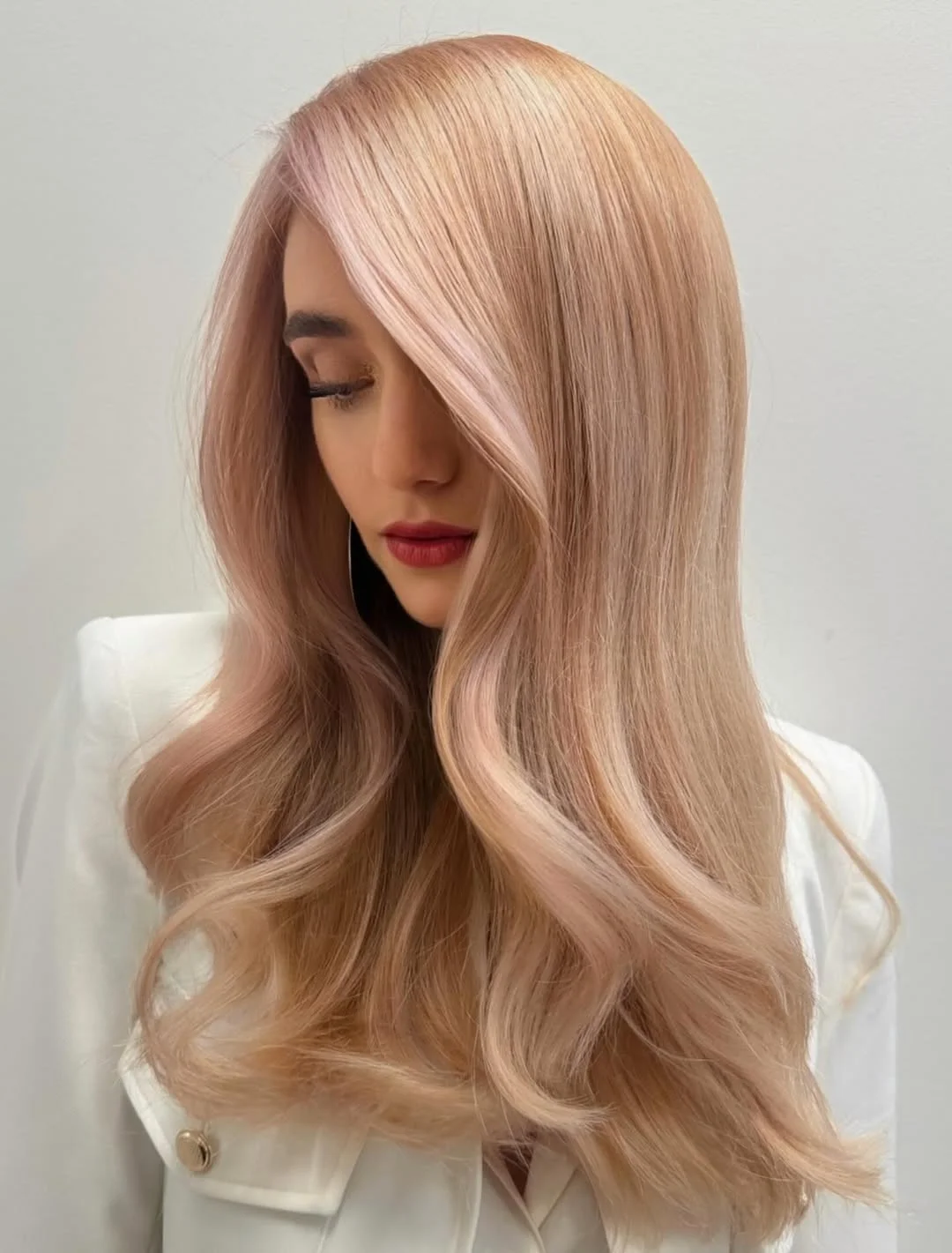 cool summer hair color for light skin 2026 Soft Rose Gold Length with Liquid Shine