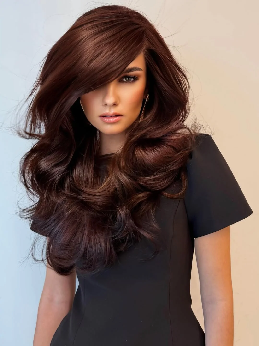 cool summer hair color for light skin 2026 Rich Espresso Volume with Side Sweep