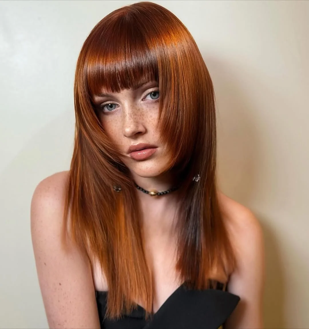 cool summer hair color for light skin 2026 Polished Auburn Glass Hair with Fringe