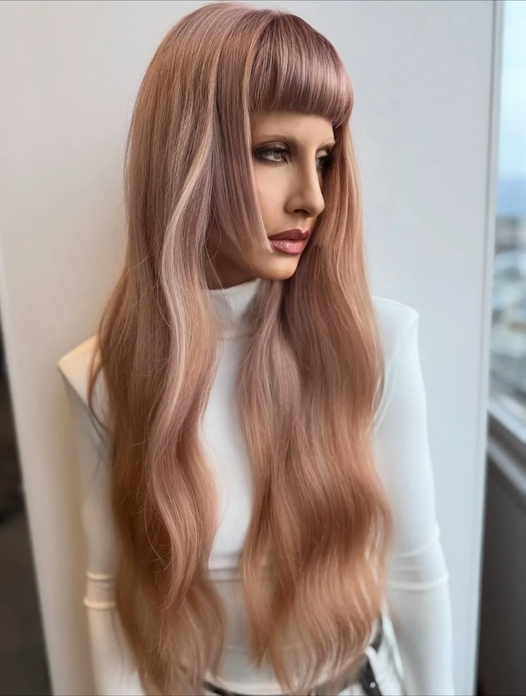 cool summer hair color for light skin 2026 Muted Rose Beige Length with Blunt Fringe