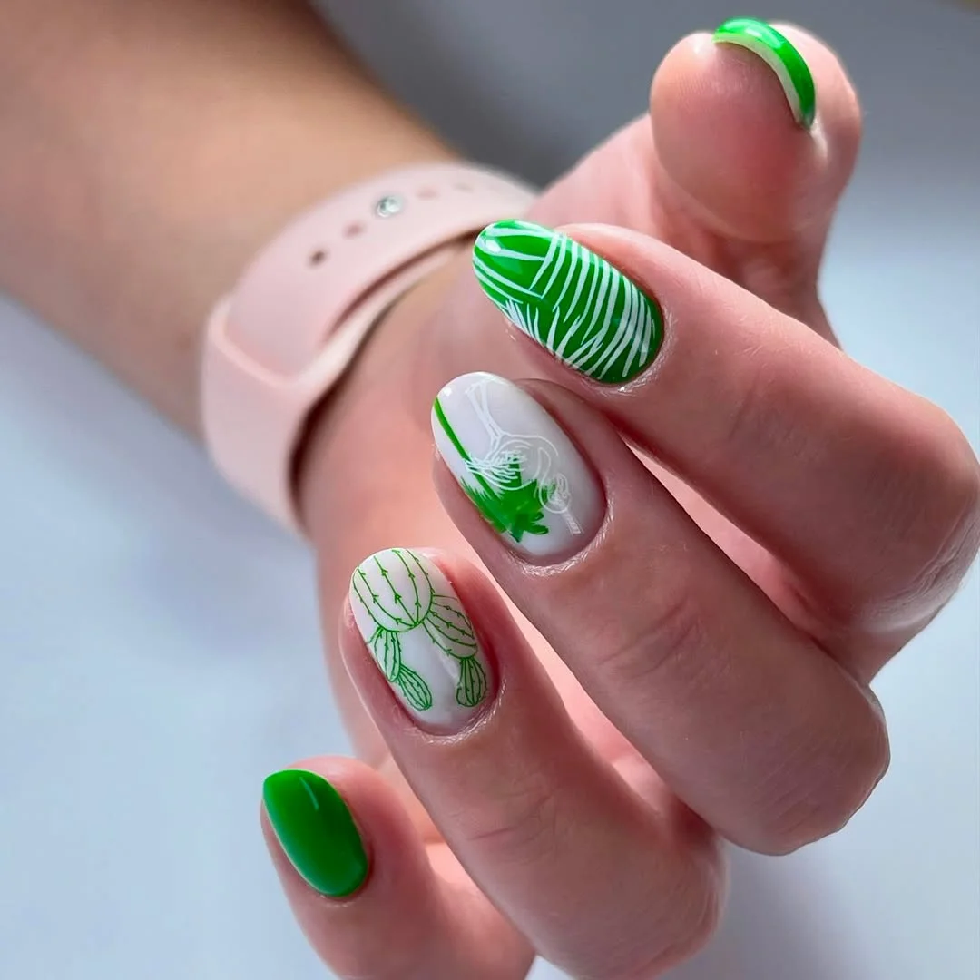 cute bright summer nails 2026 Fresh Botanical Green Nail Design