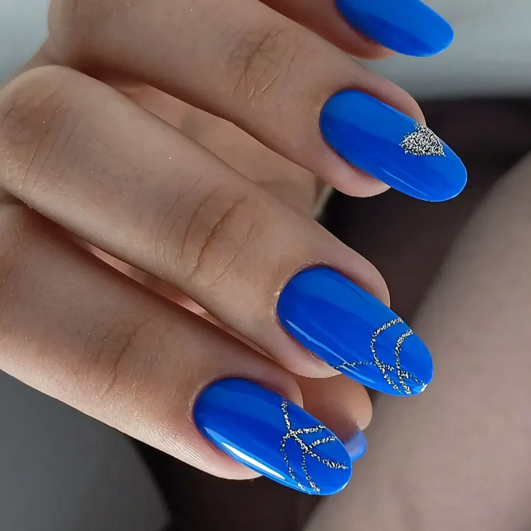 cute bright summer nails 2026 Electric Blue with Delicate Silver Line Art
