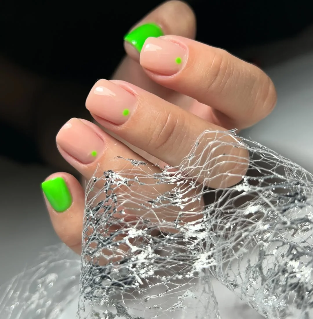 cute bright summer nails 2026 Minimal Nude and Neon Green Dots