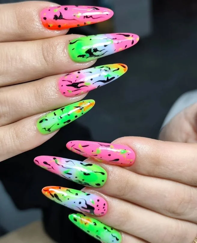 cute bright summer nails 2026 Neon Splash Almond Art