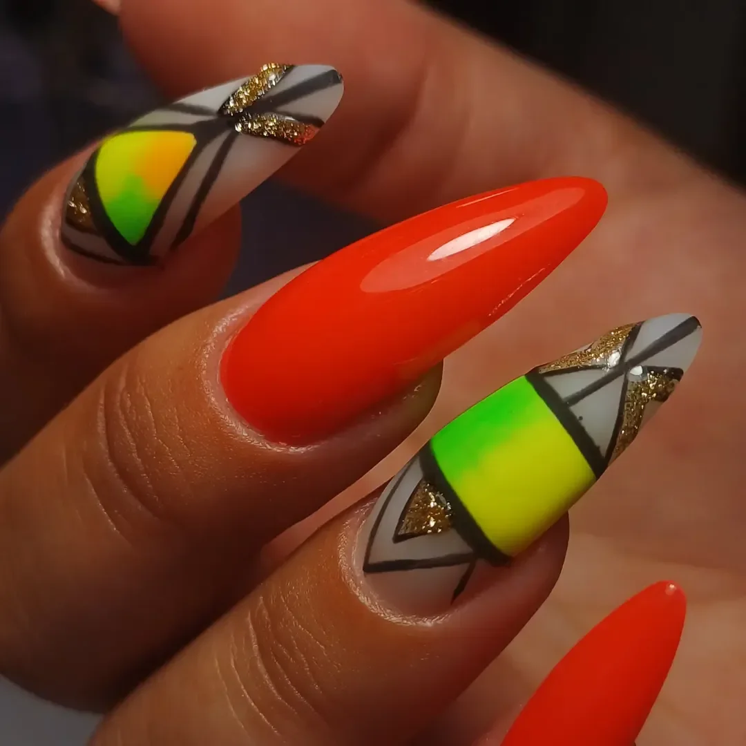 cute bright summer nails 2026 Neon Geometry With Artistic Contrast