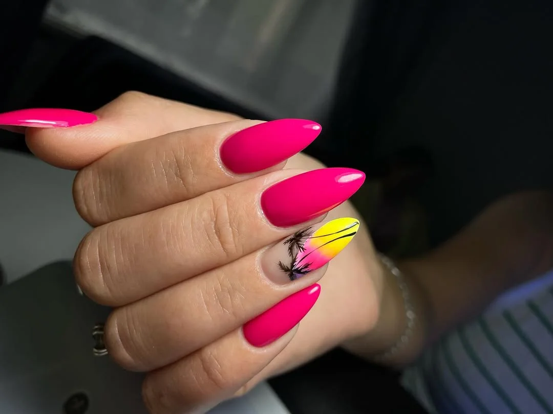 cute bright summer nails 2026 Tropical Sunset Almond Nails