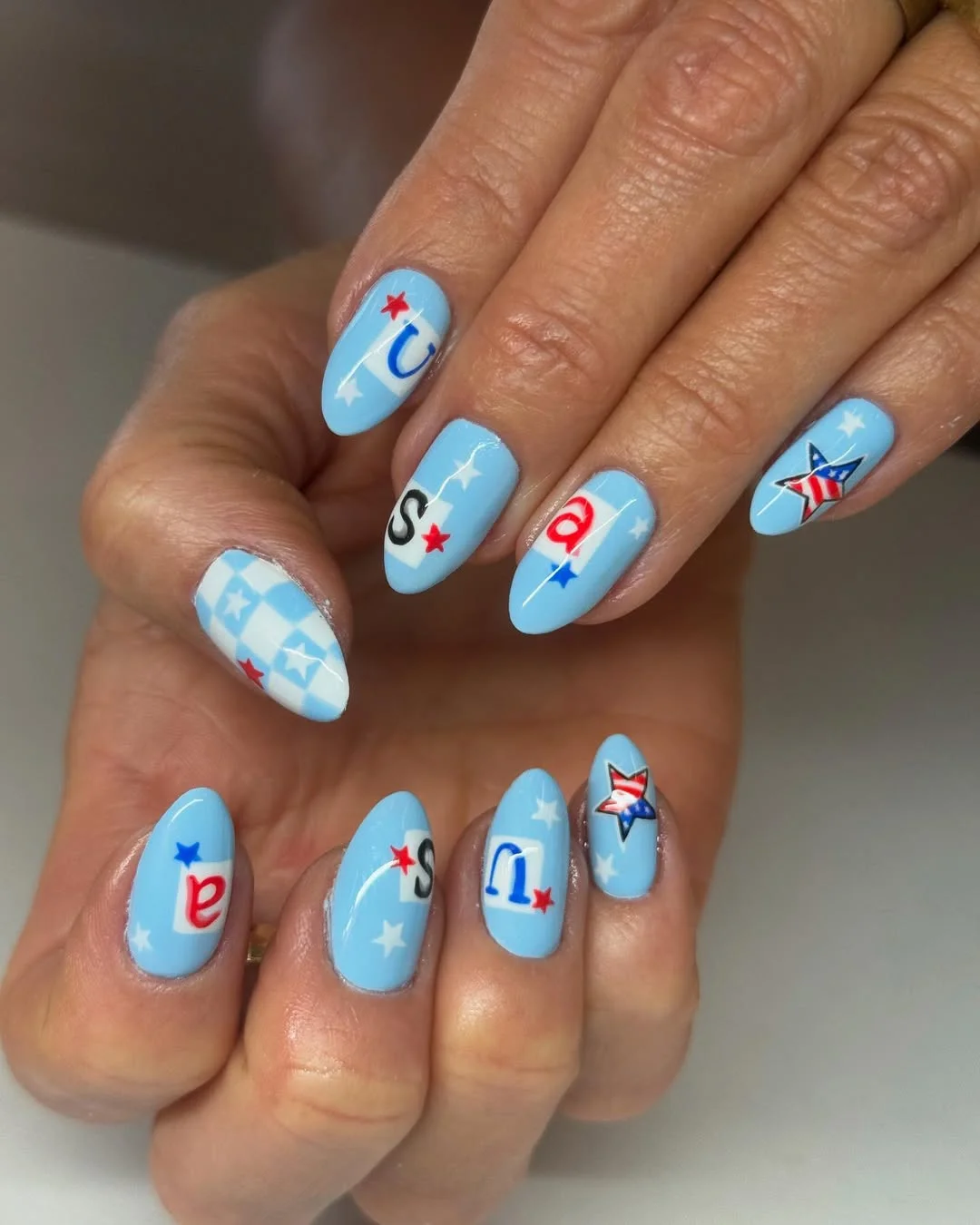 cute patriotic nails 2026 Baby Blue Americana Nails With Y2K Letter Art