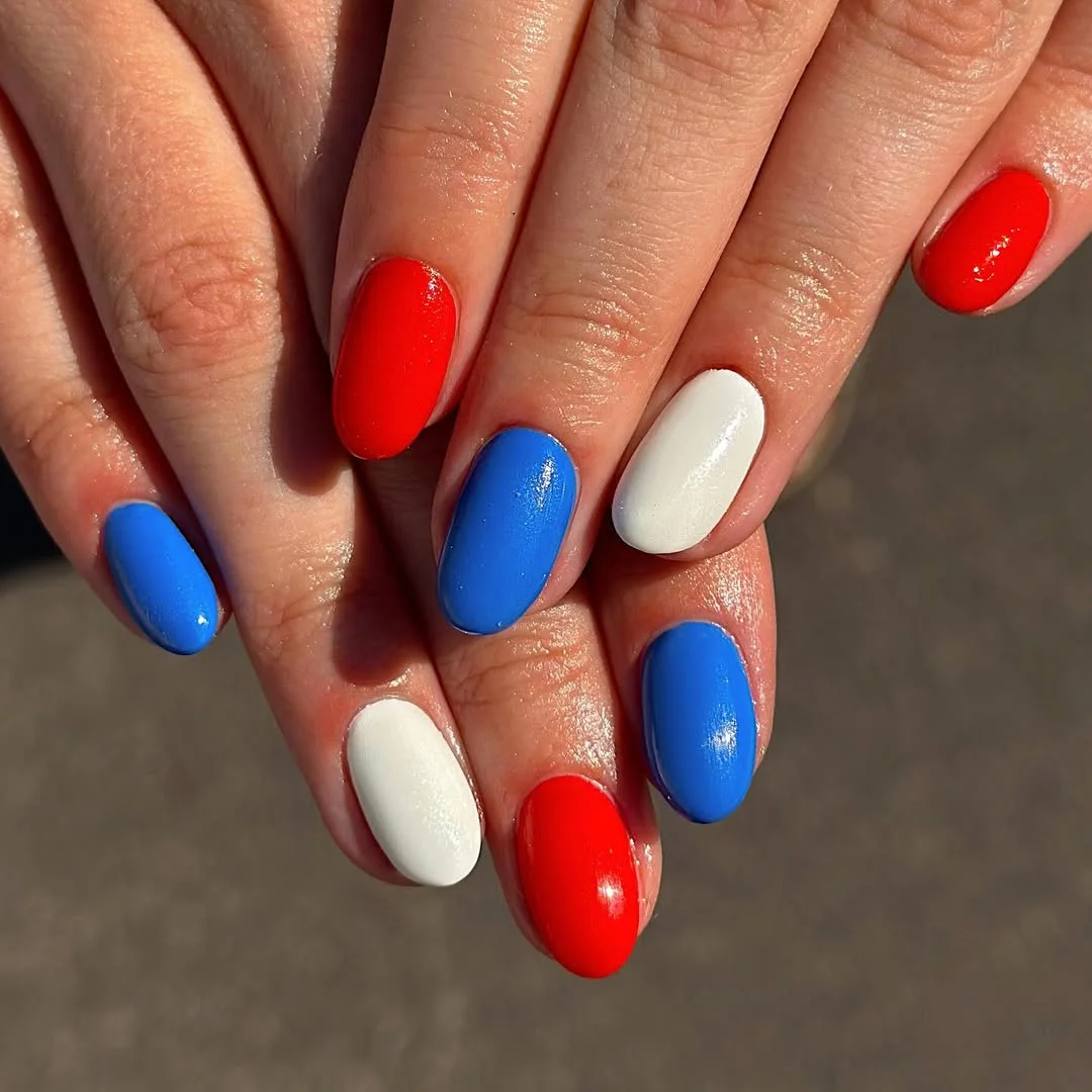 cute patriotic nails 2026 Classic Red White Blue Gloss Nails