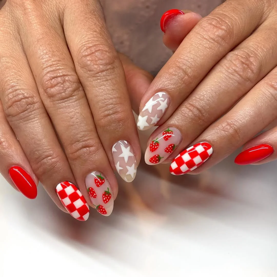 cute patriotic nails 2026 Retro Strawberry Checkerboard Nails