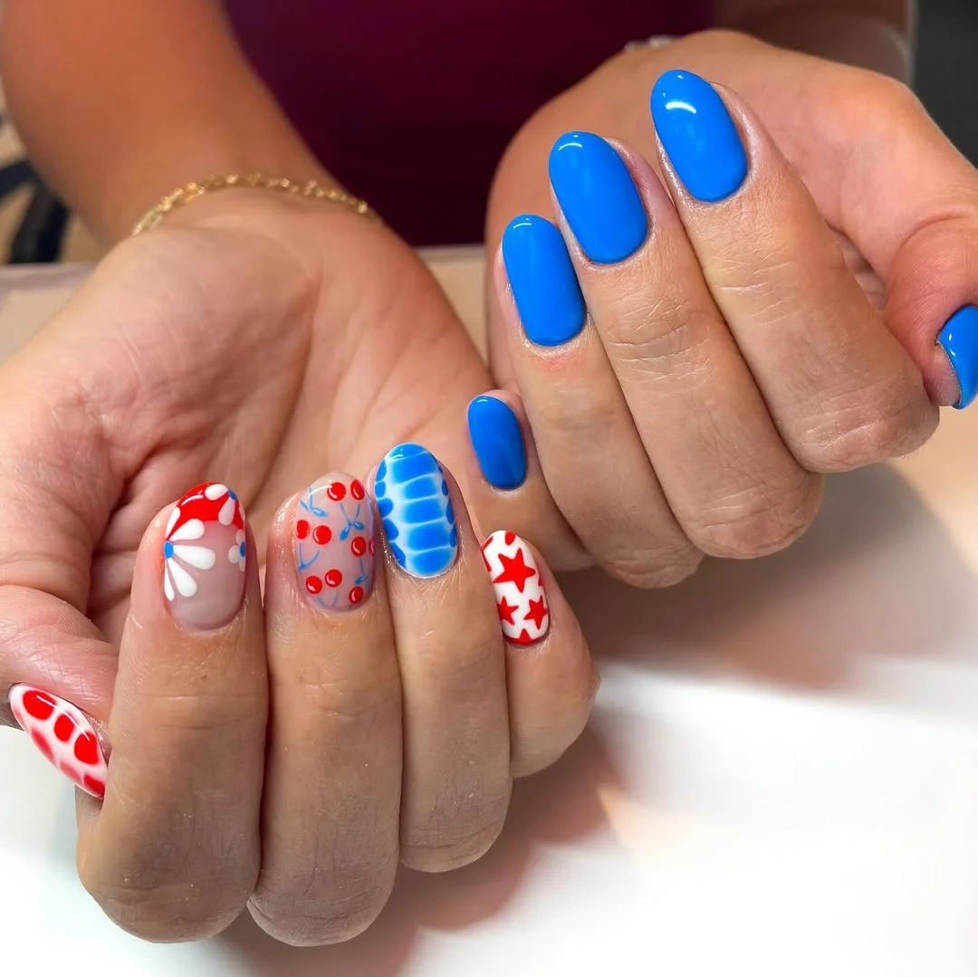 cute patriotic nails 2026 Bright Blue Statement Nails With Sweet Cherry Details