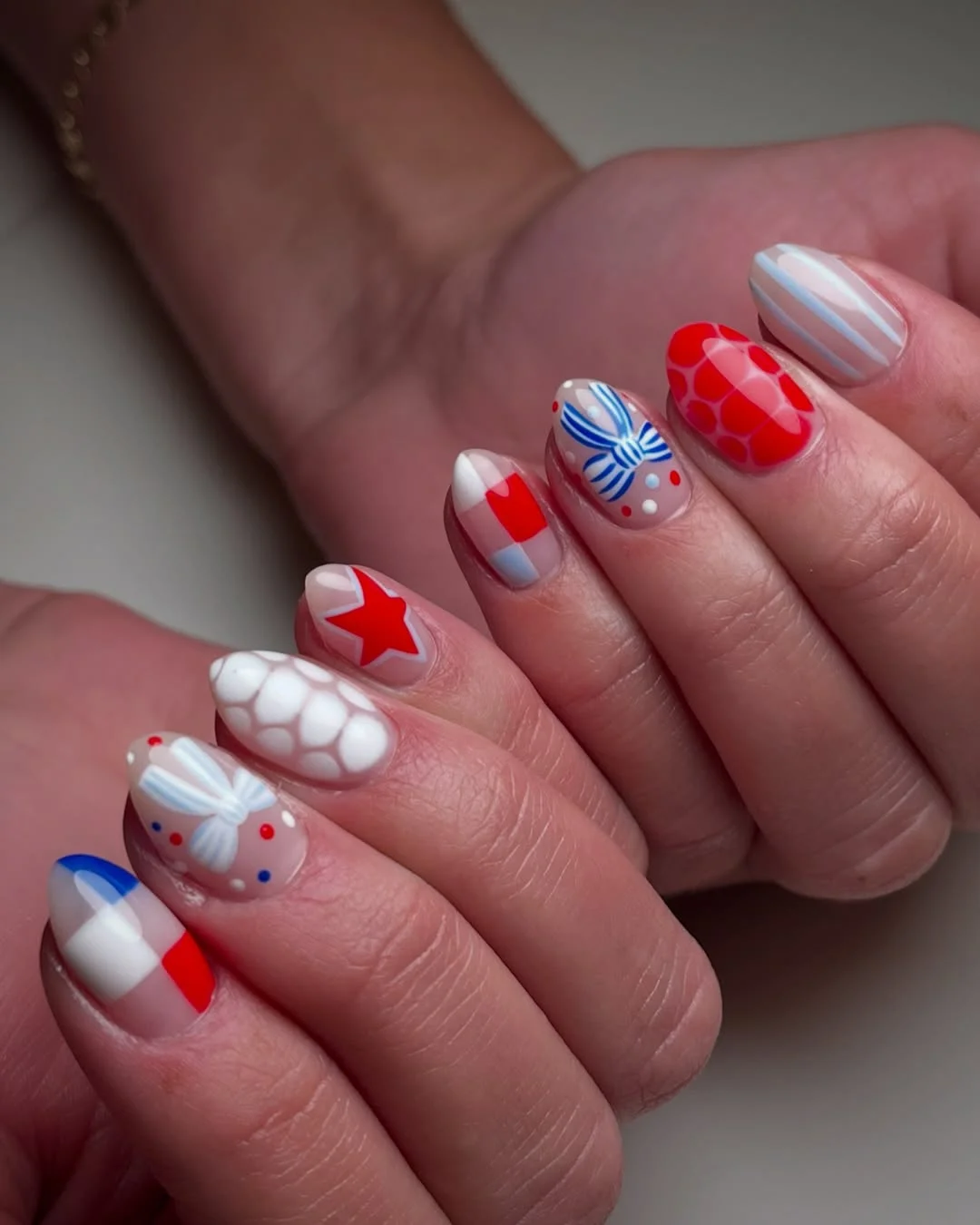 cute patriotic nails 2026 Soft Americana Patterns With Sweet Bow Details