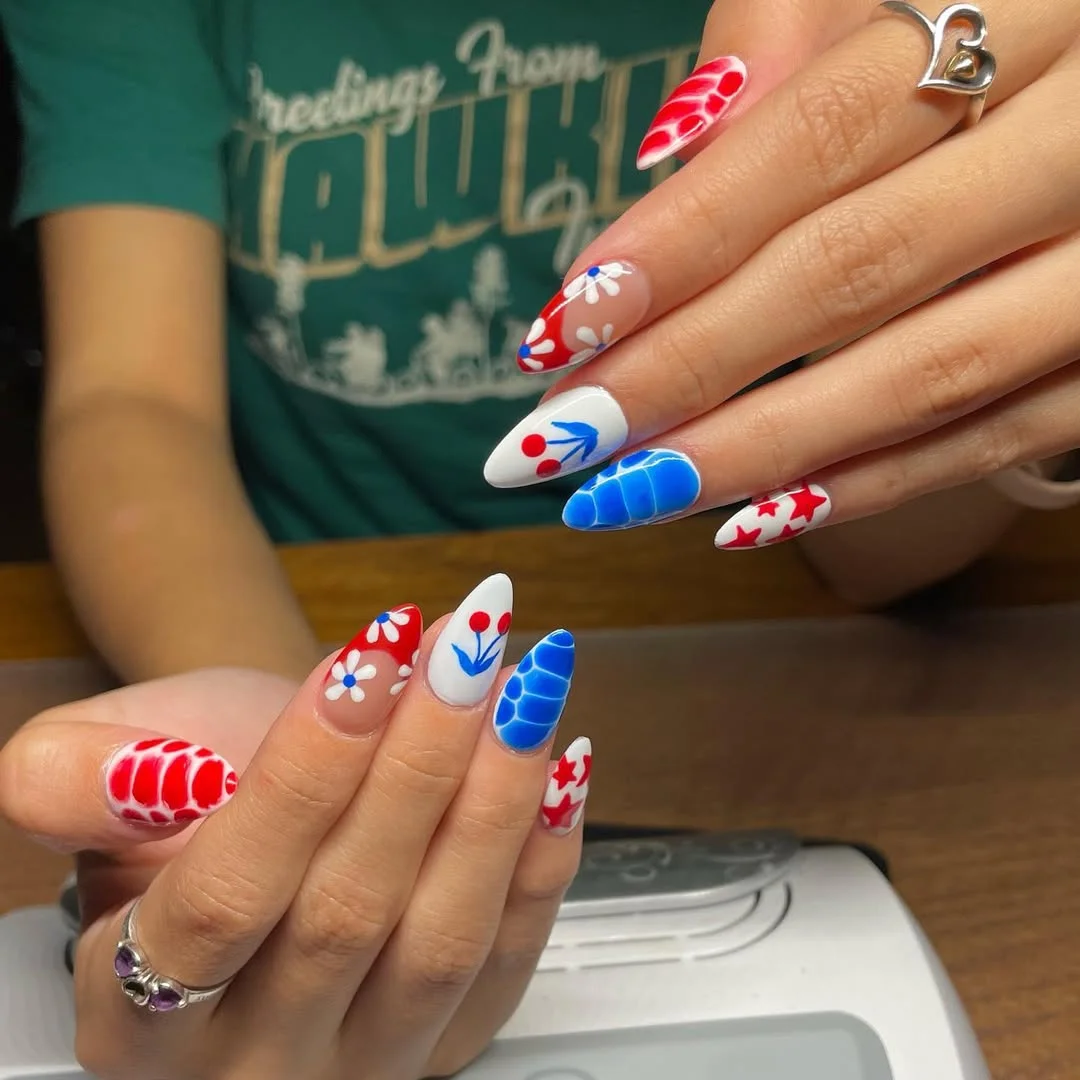 cute patriotic nails 2026 Bold Blue And Cherry Art For Statement Summer Nails