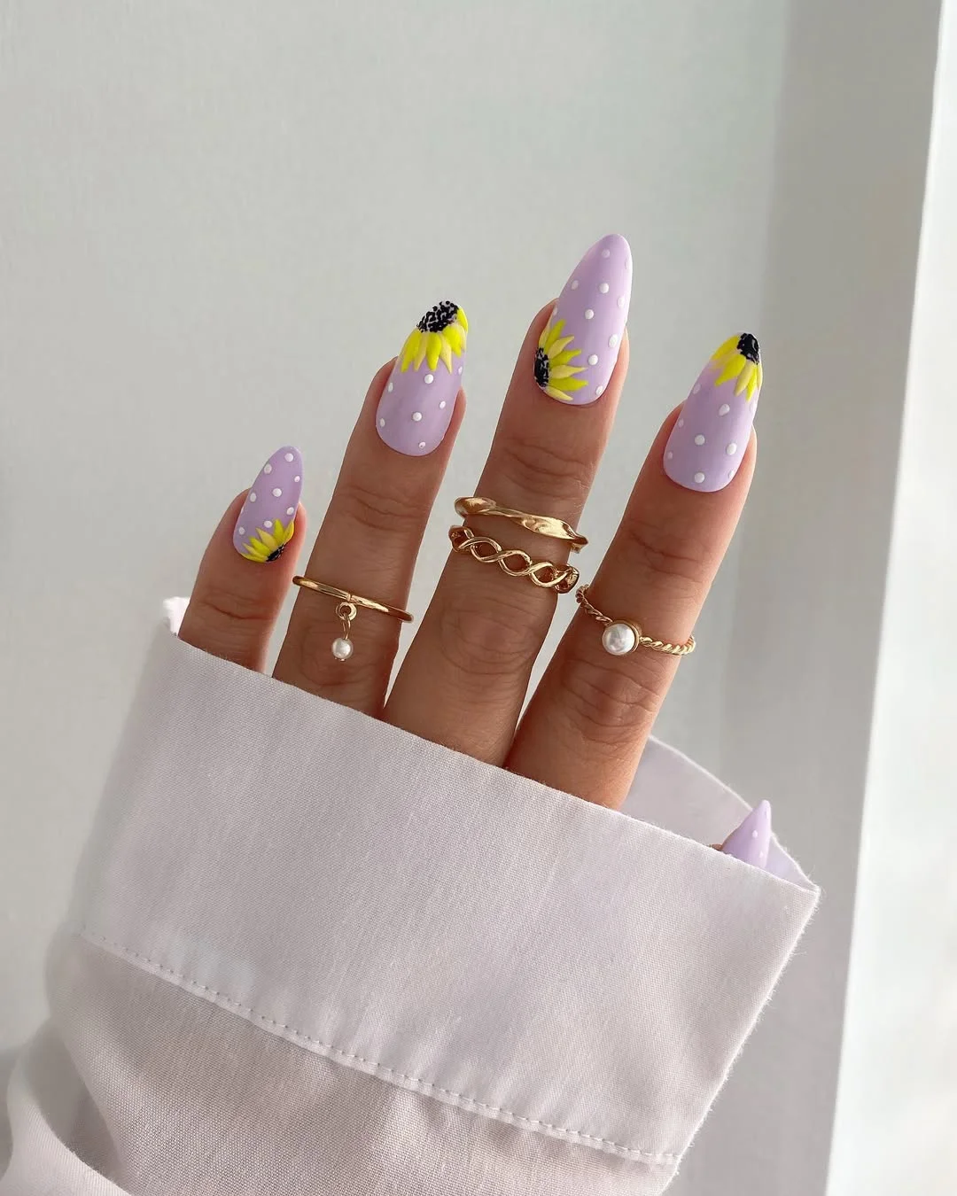 cute polka dot summer nails 2026 Lavender Polka Dot Nails With Sunflowers