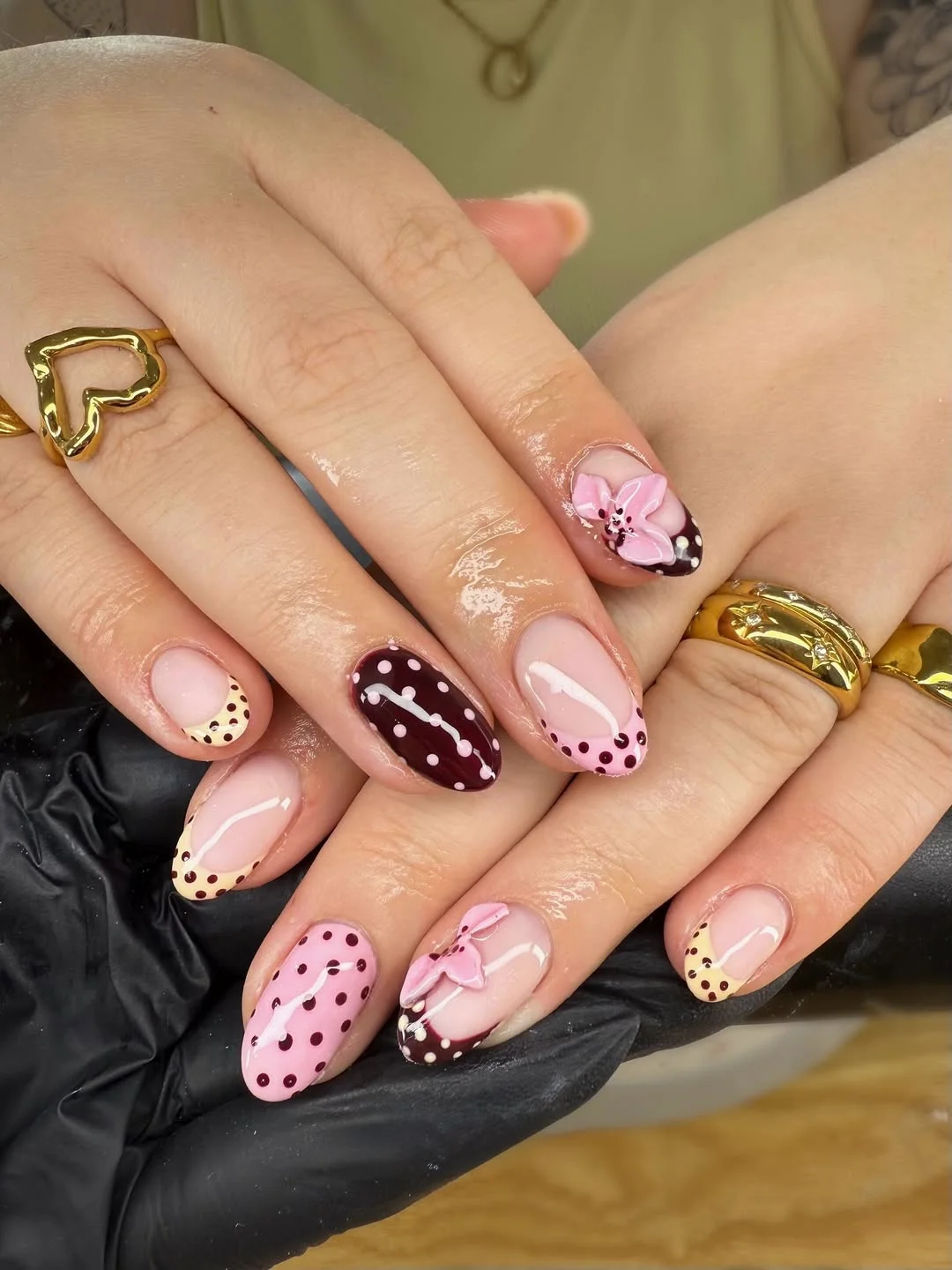 cute polka dot summer nails 2026 Cherry Blossom Polka Dot Almond Nails