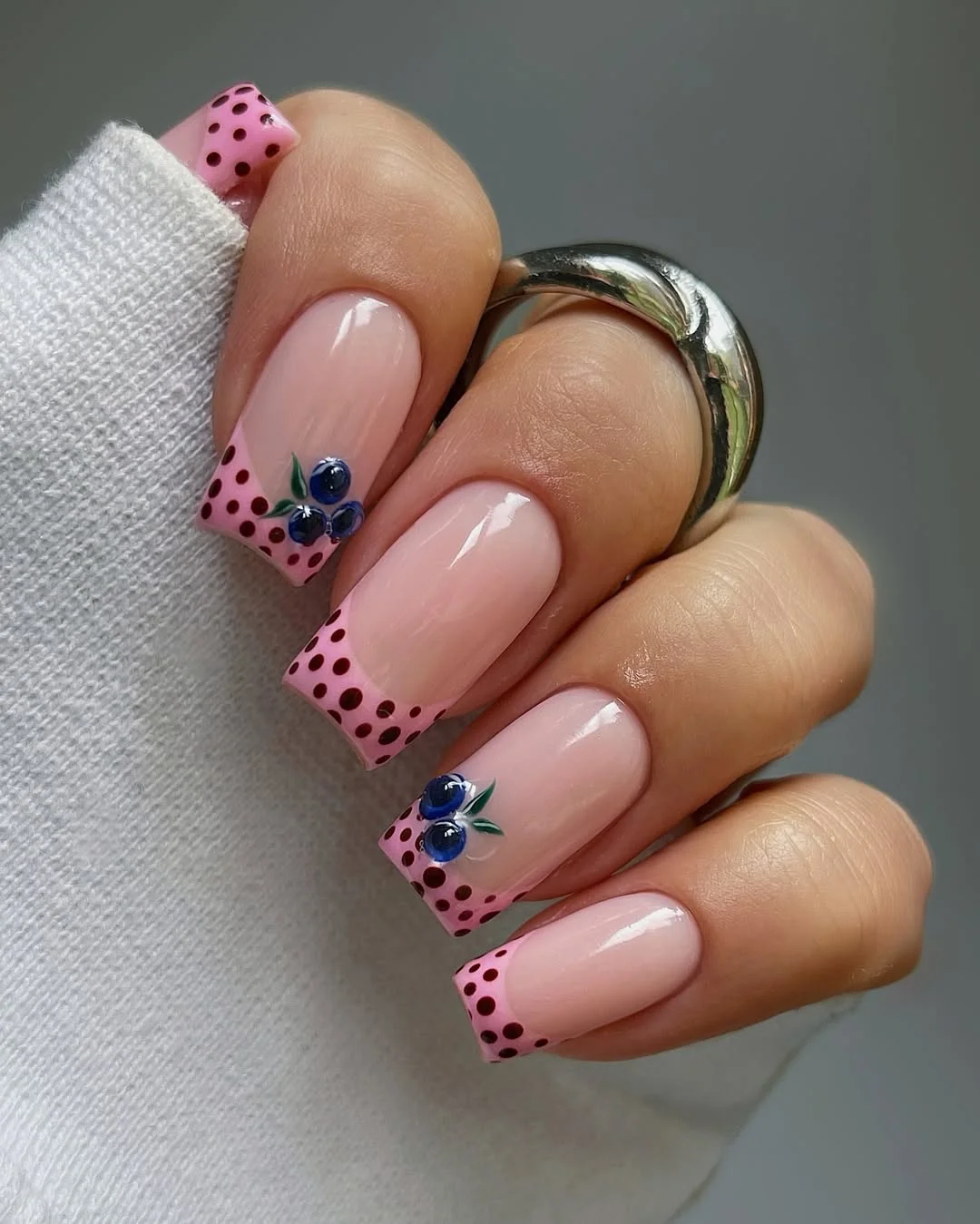 cute polka dot summer nails 2026 Pink Square French Tips With Blueberry Art