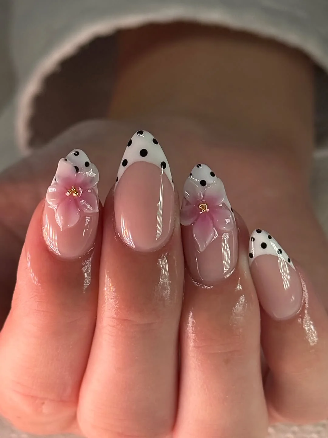 cute polka dot summer nails 2026 Soft White Polka Dot French Tips With Flowers