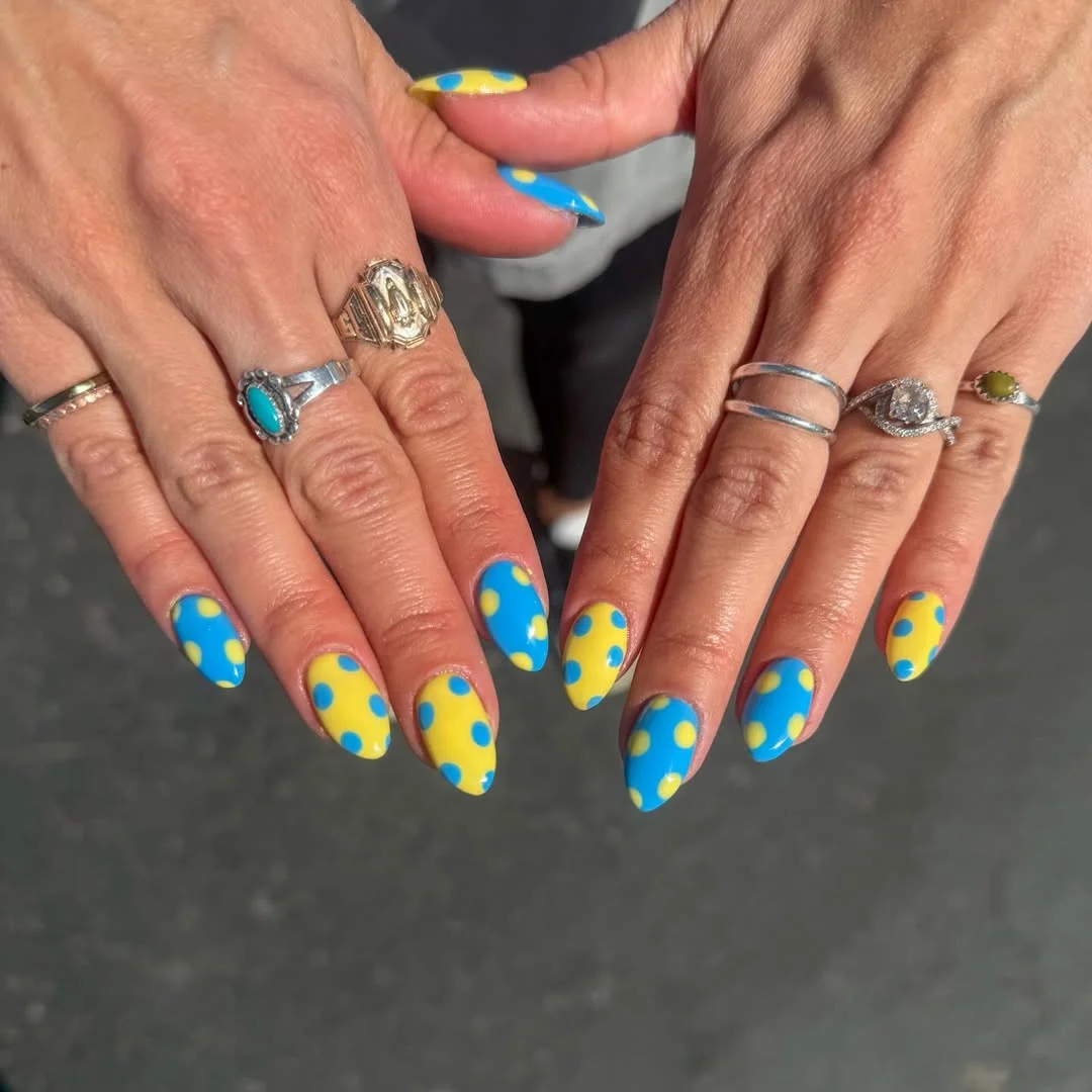 cute polka dot summer nails 2026 Blue And Yellow Colorful Polka Dot Nails
