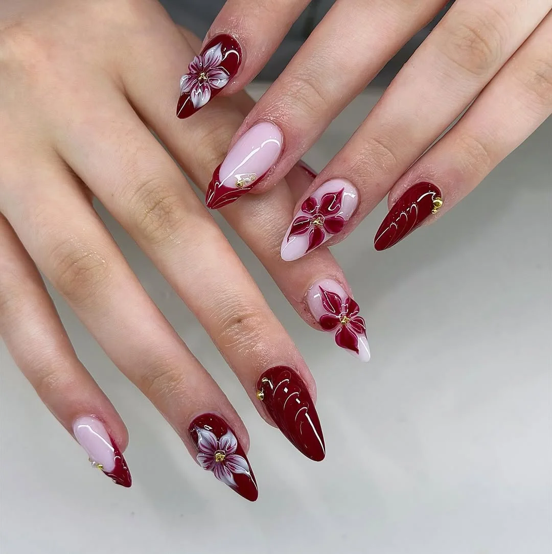 cute summer flower nails 2026 Cherry Red Floral Almond Nails