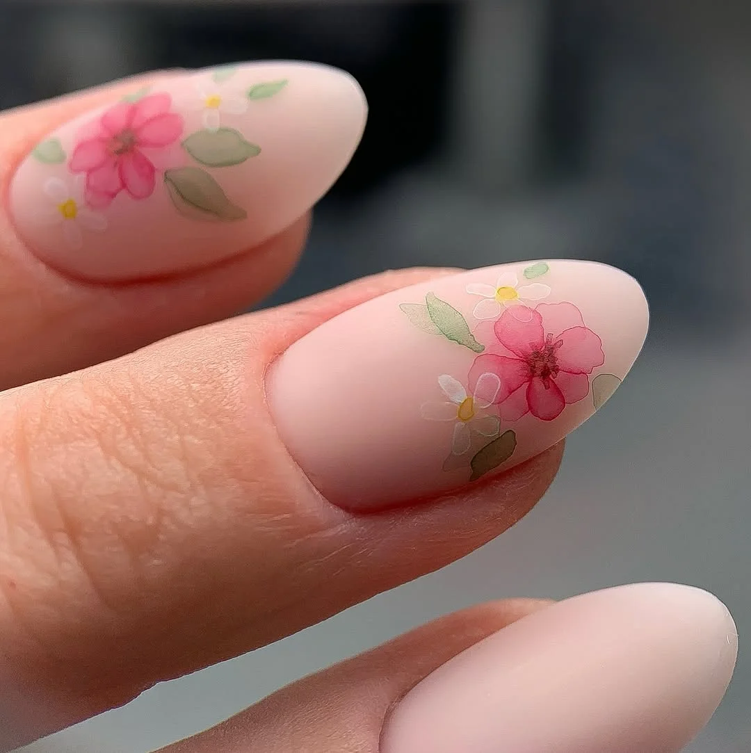 cute summer flower nails 2026 Soft Pink Watercolor Floral Nails