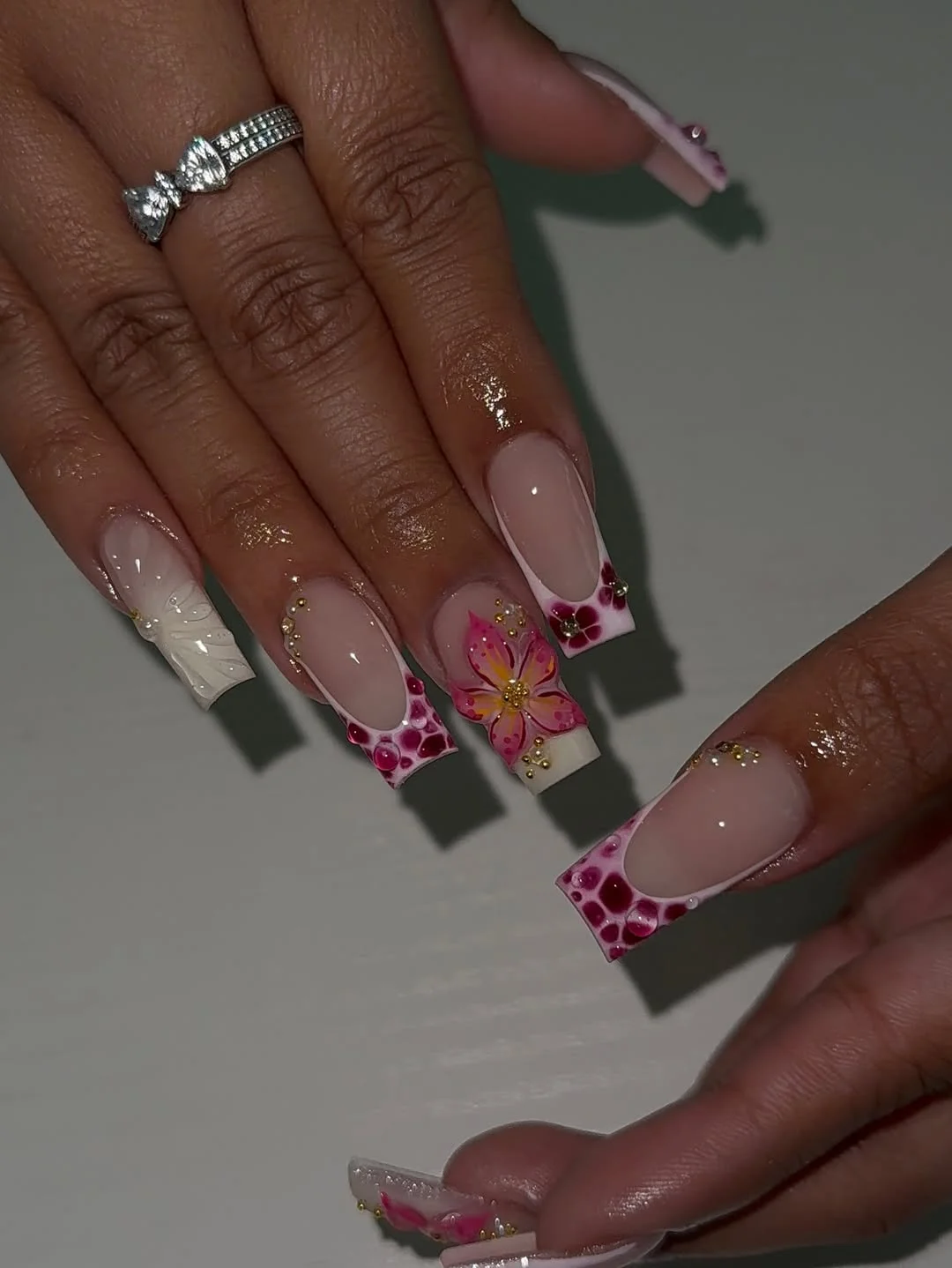 cute summer flower nails 2026 Pink Floral French Square Nails