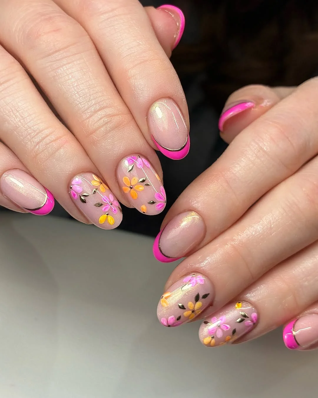 cute summer flower nails 2026 Bright Pink Floral French Tips