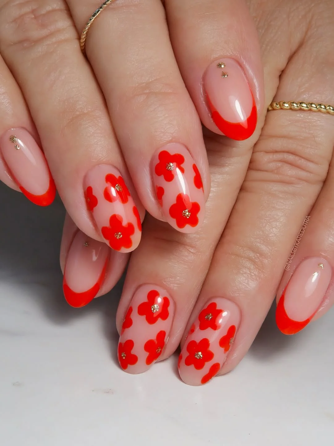 cute summer flower nails 2026 Orange Red Floral Almond Nails