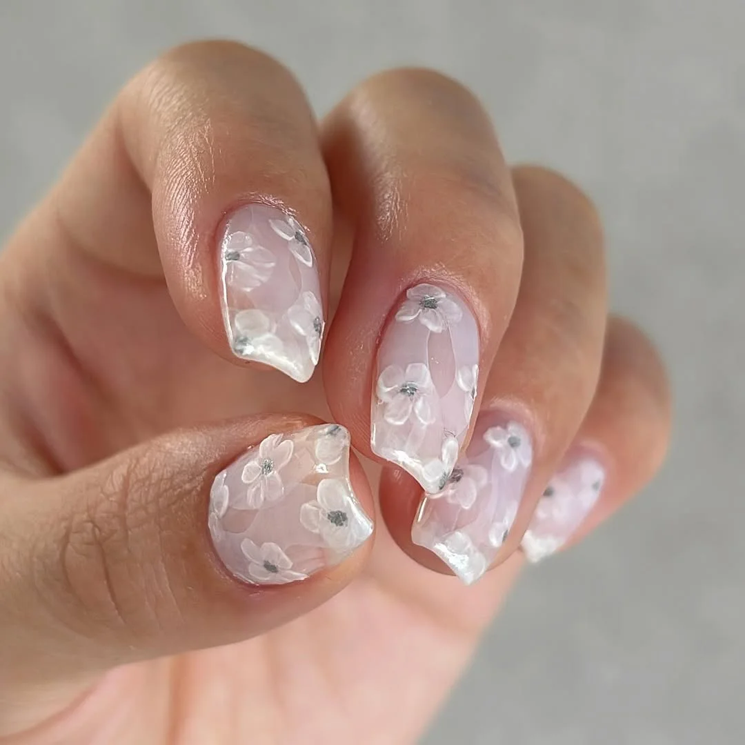 cute summer flower nails 2026 Soft White Floral Short Nails