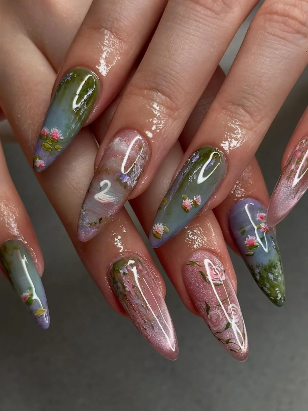 cute summer flower nails 2026 Dreamy Water Garden Floral Nails