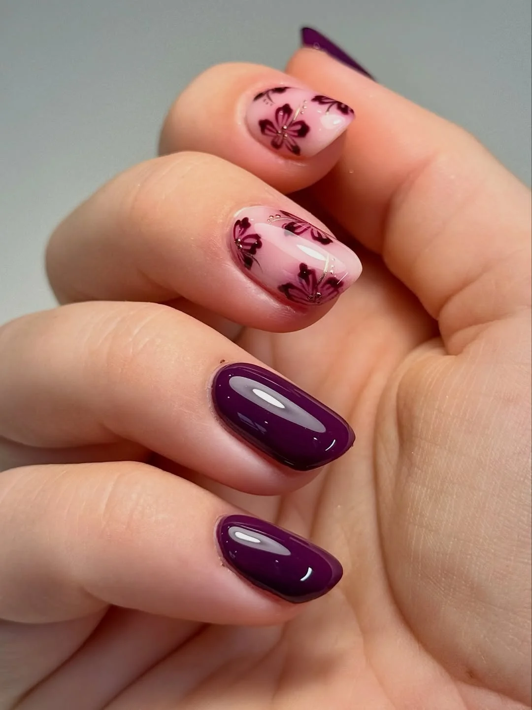 cute summer flower nails 2026 Dark Plum Floral Short Nails