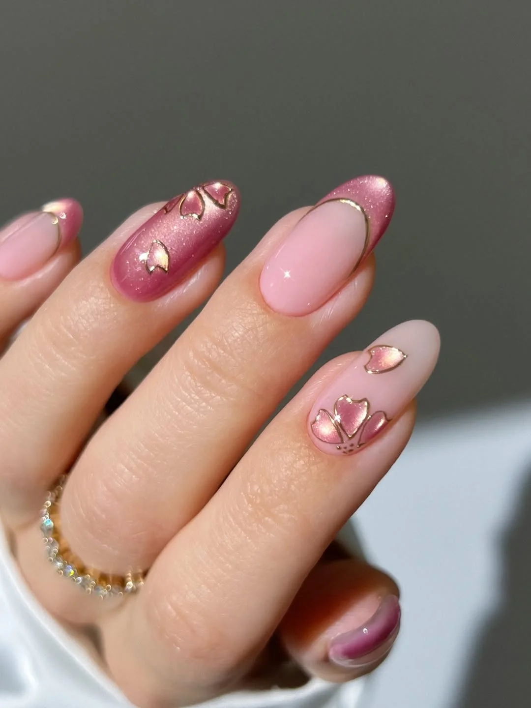 cute summer flower nails 2026 Pink Chrome Floral Almond Nails