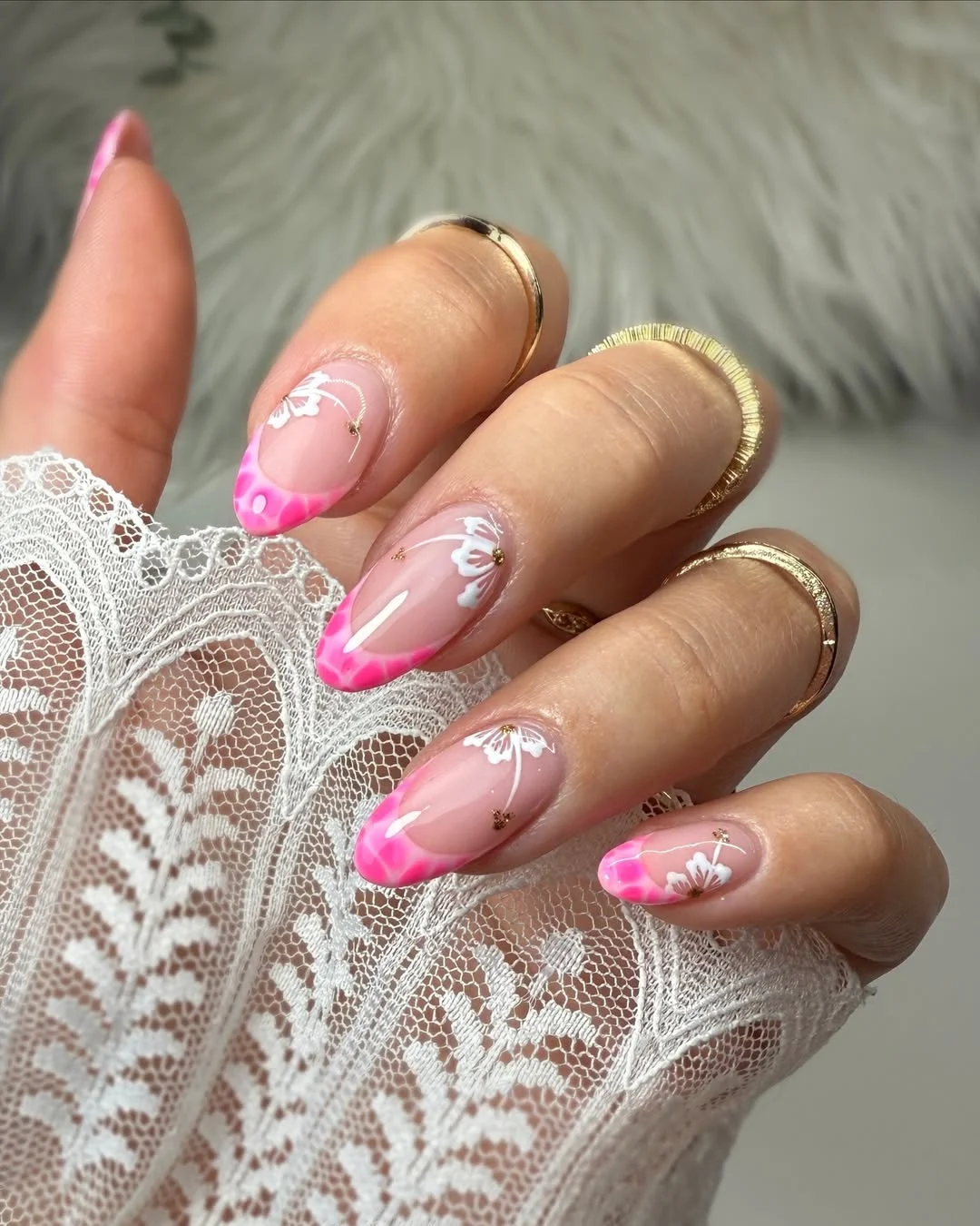 cute summer flower nails 2026 Pink Airbrush Floral Almond Nails