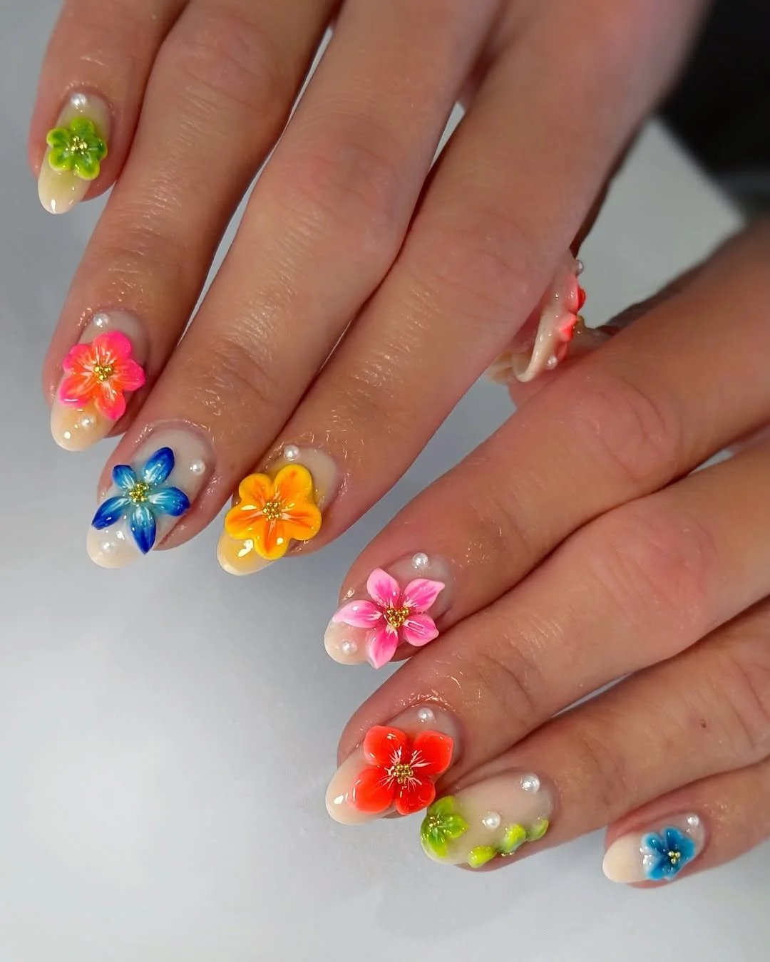 cute summer flower nails 2026 Bright 3D Tropical Flower Nails