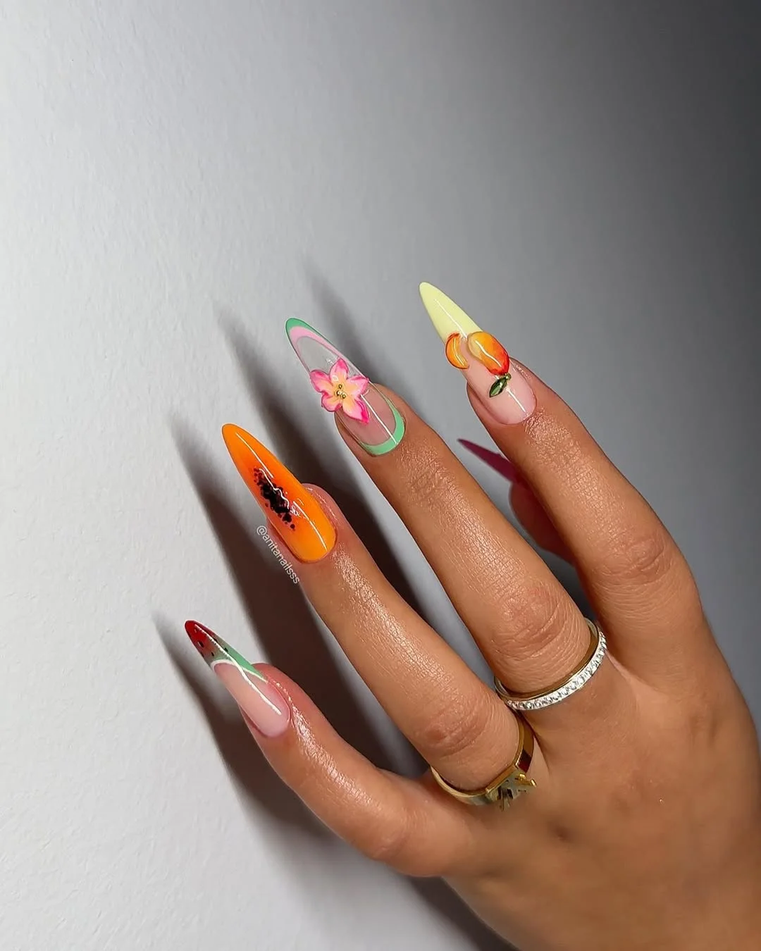 cute summer fruits nail art 2026 Juicy Mixed Fruit Almond Nails With Artistic Details