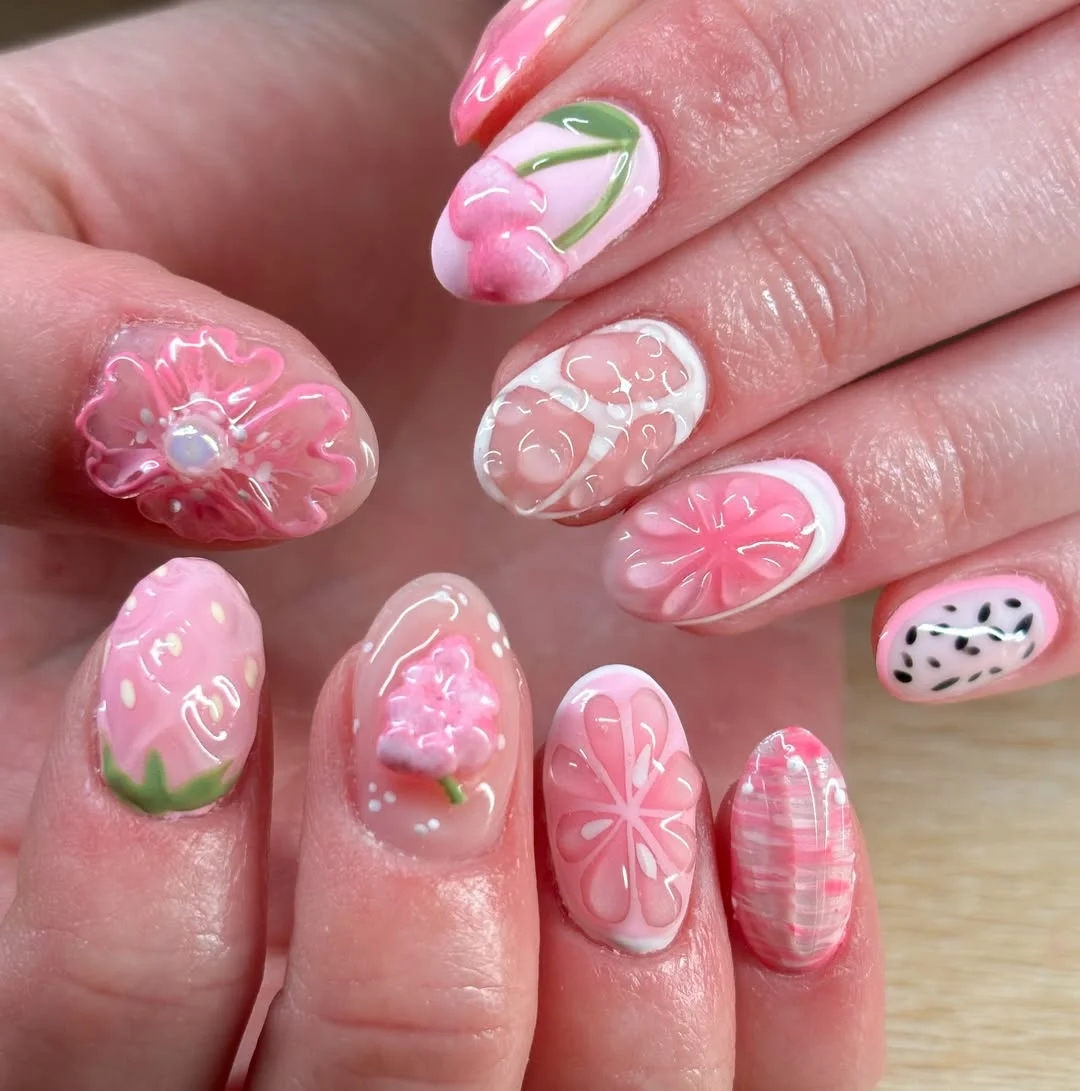 cute summer fruits nail art 2026 Pink Citrus And Blossom 3D Nail Art